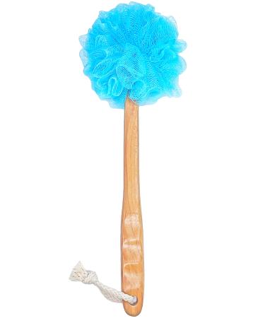 Shower Loofah Body & Back Scrubber - Exfoliating Loofah Bath Brush On a Stick - With Long Wooden Handle Back Brush For Men & Women - Easy Reach Body Wash & Lotion Applicator(Blue)