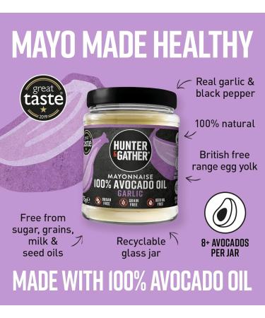 Garlic Avocado Oil Mayonnaise 175g | Hunter & Gather Avocado Mayo with Free Range Egg Yolk | Paleo Keto Sugar Gluten Free | Lemon Zest & Black Pepper | Pack of 1 - Buy Online on SooperMarket.com