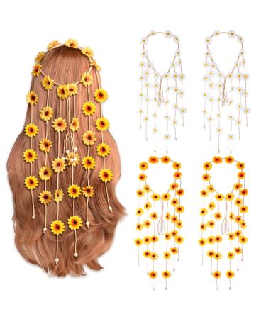 Sucrain 4pcs Flower Hippie Headband Floral Crown Summer Sunflower Hair Accessories for 70 s Bohemian Costumes Style (2 Yellow 2 White)