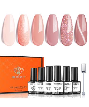 Modelones Gel Nail Polish 6 Colors Nude Pink Gel Polish Glitter Skin Tones Neutral Nail Kit Soak off Sparkle Cat Eye Magnetic Gel Polish Manicure DIY Nail Art Salon Home Gift for Women Nude Pink Spark
