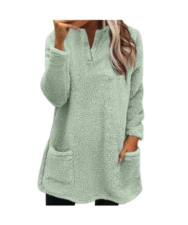 AMhomely Ladies Womens Soft Teddy Fleece Hooded Jumper Plus Size Double Fleece Casual Hoodies With Pocket V Neck Soft Fleece Hooded Sweatshirts Plain Pullover Tops Winter Lightweight Lounge Tops 04 Green XL