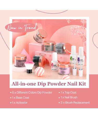 Modelones 6 Color Dip Powder Nail Kit Starter Set | Nude Pink Glitter | Base/Top Coat Activator | French Manicure DIY Salon Golden - Buy Online on SooperMarket.com