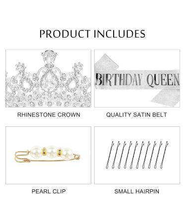 Makone Birthday Queen Sash & Tiara Set - Silver Rhinestone Tiara & Glitter Sash for Women and Girls - Buy Online on SooperMarket.com