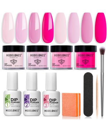 Modelones Dip Powder Nail Kit Starter 4 Colors Hot Pink Summer Bright Dipping Powder Essential Liquid Set with Base Top Coat Activator French Nail Art Manicure DIY Salon Kit Gifts for Mom