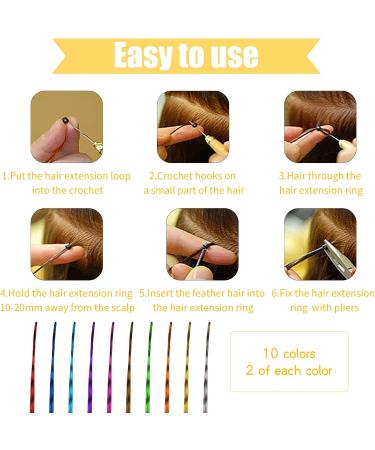 20Pcs Colored Feather Hair Extensions Kit with Micro Beads and Crochet Hook - Colorful Synthetic Hairpieces for Girls and Women - Buy Online on SooperMarket.com