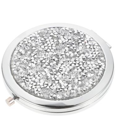 KALLORY Mini Compact Mirror Rhinestone Pocket Mirror Metal Makeup Vanity Round Hand Held Mirror Small Magnifying Mirror Double-Sided Purse Mirror for Women Girls Sliver