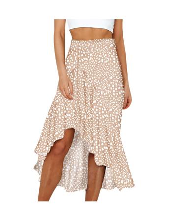 Sanahy Women's Boho Floral Leopard Ruffle High Waisted Side Split Midi Skirt Chiffon Asymmetric Hem A-Line Flowy Maxi Skirts(Beige XL)