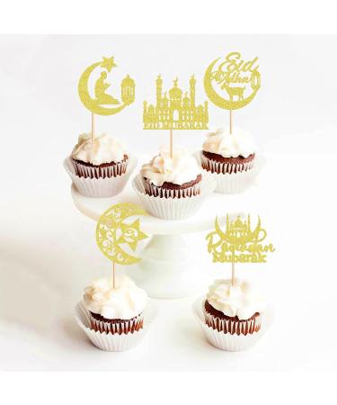 Cyodoos 25Pcs Eid Mubarak Cupcake Toppers Happy Eid Moon Star Ramadan Kareem Cupcake Picks for Eid Islamic Muslim Theme Party Cake Decorations Supplies - Gold Glitter Golden2 - Buy Online on SooperMarket.com