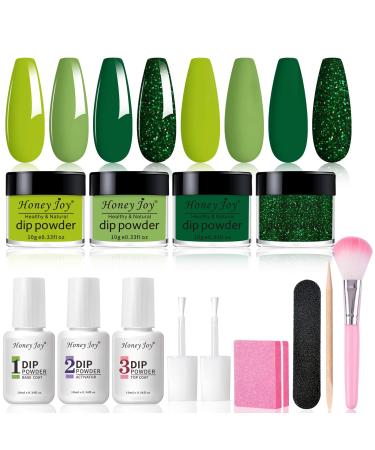 Honey Joy Dip Powder Nail Kit Starter 4 Colors Mint Pastel Green Deep Forest Green Dipping Powder Liquid Set with Base Top Coat for Nail Art Manicure Salon DIY No LED Nail Lamp Needed Dip-7pcs-09