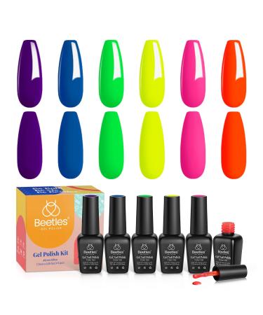 Beetles Neon Gel Nail Polishes Neon Orange Hot Pink Blue Yellow Green Purple Gel Polish 6 Colors Gel Nail Polish Set Soak Off UV Nail Lamp Gel Nail Kit Nails Gift Neon Collection