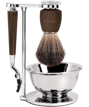 Favali Razor Set Razor brush Set 4 in 1 stainless shaving brush holder + shaving shell + shaving brush + wet razor men (compatible with Mach 3) - handles made of subdued ash and metal accents