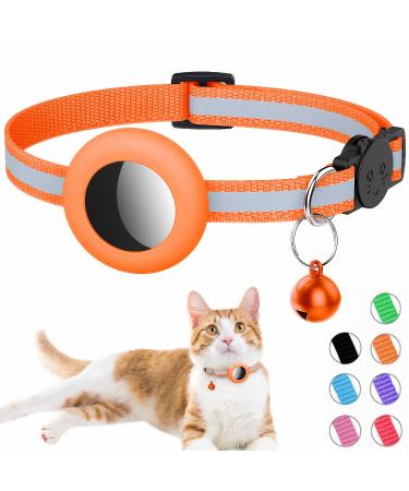 Airtag cat neck band integrated cat necklace Airtag with Airtag holder and bell reflective cat neck band with a stoppable safety buckle for kitten puppies orange