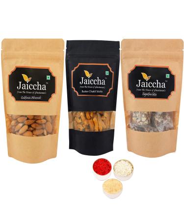 Jaiccha Ghasitaram Bhaidooj Gifts - Best of 3 Suagrfree Bites 200 GMS Butter Chakli Sticks 100 GMS Pouch and Almonds 100 GMS Pouch Best of 3 Suagrfree Bites Chakli Sticksand Almonds
