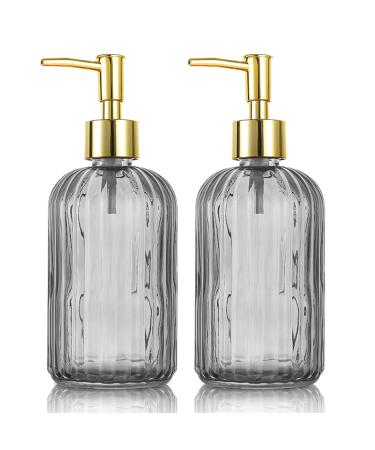 Versatile Glass Soap Dispenser Bottle with Pump 14 Oz Dripless Pump Bottle Refillable Liquid Hand Jar Dispenser for Bathroom Countertop Kitchen Laundry Room(Grey 2 Pack)