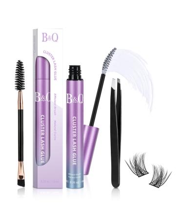 Lash Cluster Glue 10 ML Cluster Lash Glue B&Qaugen Glue for Cluster Eyelash Extensions Waterproof Lasting 48-72 Hours Black Lash Bond with Brushes and Tweezer Set (White Bond 10ml New)