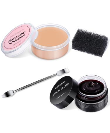 BOBISUKA 4 Piece Halloween SFX Special Effects Makeup Kit - Modeling Scar Wax + Coagulated Blood with Spatula Tool and Black Stipple Sponge All in One (VAMPIRE SET)