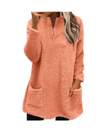 AMhomely Ladies Womens Soft Teddy Fleece Hooded Jumper Plus Size Double Fleece Casual Hoodies With Pocket V Neck Soft Fleece Hooded Sweatshirts Plain Pullover Tops Winter Lightweight Lounge Tops 03 Orange XXL