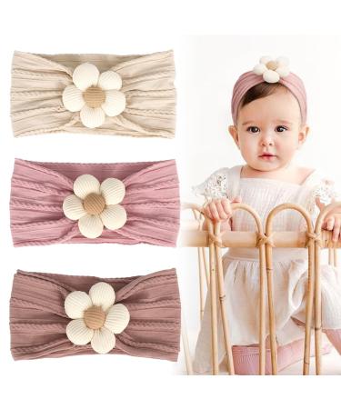 Nayyana 3 pieces of baby flower flower rod for babies girls flexible nylon headbands soft hair bands hair accessories for newborns toddlers children (beige pink khaki)