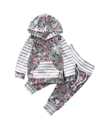 TMEOG Baby Boys Girls Long Sleeve Pullover Hooded Sweatshirts Top+Pants Infant Hoodie Tracksuit Clothes Outfits Set Grey (Floral) 3-6 Months
