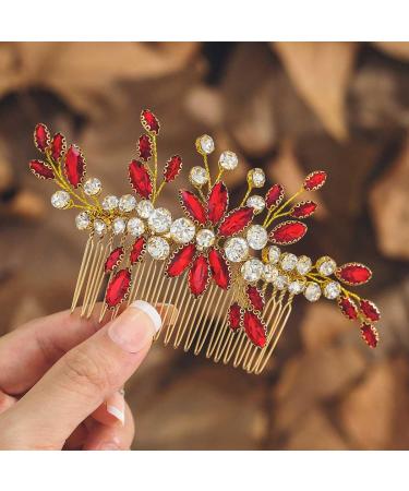 IYOU Rhinestone Bridal Hair Comb Red Crystal Wedding Side Combs Flower Bride Bridesmaid Headpiece for Women