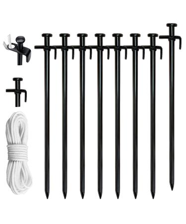Eurmax USA 12 inch Multiuse Heavy Duty Steel Tent Stakes Tarp Pegs Camping Stakes for Outdoor Camping Canopy and tarp with 4 Ropes 10FT Length(Black)