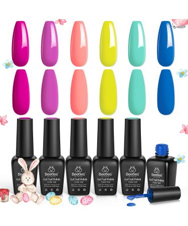 Beetles Gel Nail Polish Set Easter Nails - Pool Party Collection 6 Colors Rainbow Turquoise Purple Blue Pink Neon Gel Polish Kit Rainbow Yellow Green Nail Gel Polish Soak Off U V LED Lamp DIY Home Salon Nail Art Gift for Girls A-Summer pool party