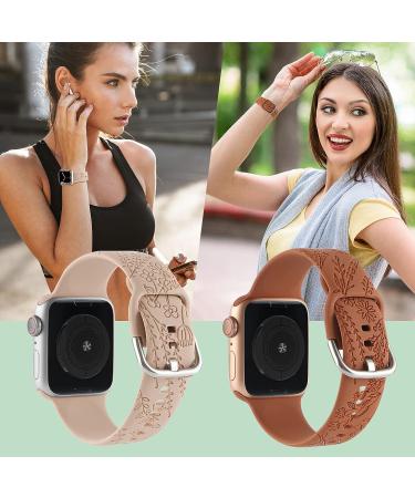 Flower Engraved Silicone Band Compatible with Apple Watch Bands 38mm 40mm 41mm  Cute Women Wildflowers Floral Design Soft Sport Strap Replacement Wristbands for iWatch Series 8 7/SE/6/5/4/3/2/1 38/40/41mm Walnut Brown Brown - Buy Online on SooperMarket.com