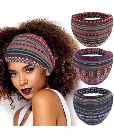 CAKURE Boho Wide Headbands Stretch Head Bands African Head Wraps No Slip Hair Bands Elastic Yoga Workout Sweat Bands for Women and Girls Pack of 3 (Set2a)