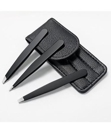 TOPMEET Stainless Steel Eyebrow Tweezers Set for Facial Hair and Splinter Removal - Women/ Men, Black - Buy Online on SooperMarket.com