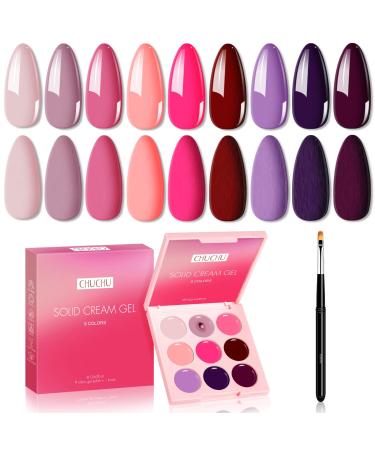 CHUCHU Gel Nail Polish Set 9 Colors Pastel Popular Nail Art Purple Red Nude Blue Solid Gel Polish Pink Pudding Gel Soak Off LED Nail Art Kit Salon DIY Home with Professional Nail Brush