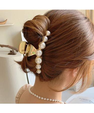 Runmi Hair Clips Pearl Large Hair Clip Gold Tone Metal Hair Accessories for Women Girls 2 Pack