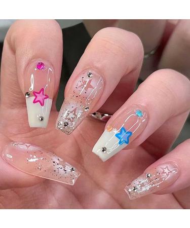 Hkanlre Long Fake Nails French Press on Silver Nails Ballerina Tips Full Cover Shiny Coffin False Nails for Women and Girls 24PCS