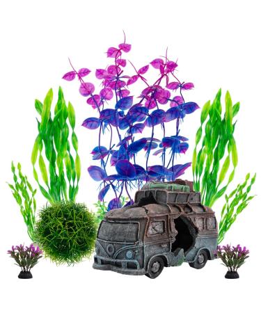 Begondi's underwater car car with 8 pieces of plastic plant set artificial polyresin aquarium ornament aquatic model decoration fish tank marine decor ornaments