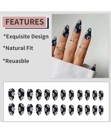 Black Daisy Design Press On Nails - Medium | Full Cover Tips for Women & Girls | Spring/Summer Salon Nail Art - Buy Online on SooperMarket.com