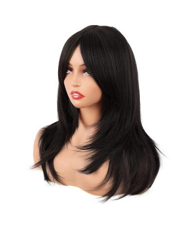 MapofBeauty 20 Inch Long Layered Straight Synthetic Shoulder Length Wig with Bangs - Black - Buy Online on SooperMarket.com