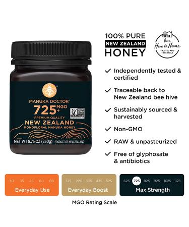 Manuka Doctor MGO 725+ Monofloral Manuka Honey - 100% Pure New Zealand Honey | Certified, Guaranteed, RAW | Non-GMO (8.75 oz) - Buy Online on SooperMarket.com
