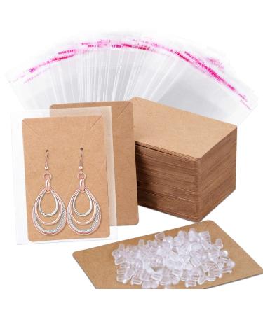 anezus Earring Cards  100 Pcs Earring Display Cards Earring Holder Cards with 200 Earring Backs and 100 Self- Sealing Bags for Earrings Necklace Jewelry Display  Kraft Color 3.5x2.4 Inches Brown