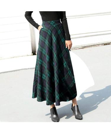 Sanahy Women's High Waist Wool Midi Skirt with Pockets - A-line Plaid Winter Maxi Skirt in S Blue - Buy Online on SooperMarket.com