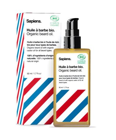 Sapiens Barbershop Beard Oil for Men 50ml - Cosmos Organic Certified Beard Growth Oil - Moisturizing and Promoting Growth Beard Care with Natural Oils Castor Jojoba Argan Almond - Made in France