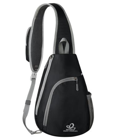 WATERFLY Crossbody Sling Bag Small Water Resistant Backpack Lightweight Shoulder Chest Daypack for Men Women Hiking Travel Small Black