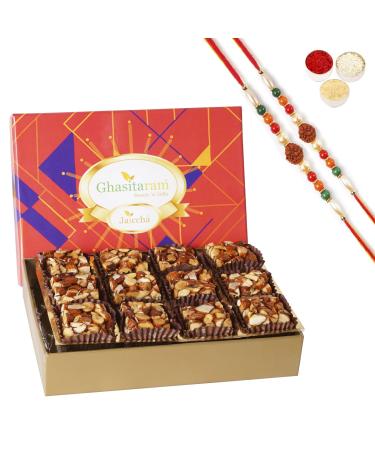 Ghasitaram Gifts Jaiccha Rakhi for Brother Sugarfree Almond Delight in Premium Box 12 pcs with 2 Rudraksh rakhis