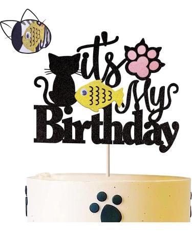 Happy Birthday Cat Cake Topper - Glittery Black Kitten Decoration for Birthday Baby Shower & Wedding Parties - Buy Online on SooperMarket.com