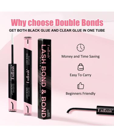 Cluster Lash Glue for Eyelash Extensions - 2 in 1 Waterproof Lash Bond | Strong Hold 72 Hour Wear (10ml Black + Clear - Buy Online on SooperMarket.com