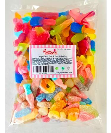 Super Sweets Premium Vegan Sweet Sour and Fizzy Jellies Assortment 1kg. A Mix of The Best Plain Fizzy and Sour Vegan Jellies
