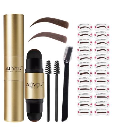 2 Colors in 1 Eyebrow Stamp Stencil Kit - Waterproof and Long Lasting One Step Brow Powder Stamp with 24 Reusable Eyebrow Stencils  2 Brushes and 1 Razor  Upgrade Design  (Medium Brown and Light Brown )