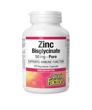 Natural Factors Zinc Bisglycinate 50mg 120 vegetarian capsules Gentle Highly Absorbable One-Per-Day Formula Supports Immune Function