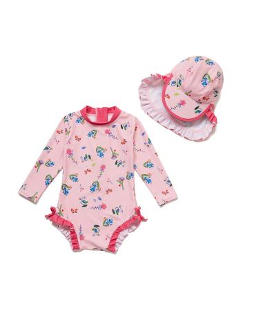 BONVERANO Baby Girls Swimsuit Toddler Bathing Suit Long-Sleeve Zipper One Piece Swimwear with UPF 50+ Sun Protection 6-9 Months Pink