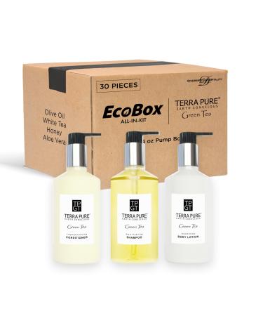 Terra Pure 1-Shoppe 30 Piece Ecobox All-In-Kit | Green Tea Soap | 12 Shampoo 6 Conditioner & 12 Body Wash | 10.14oz Hotel Soaps and Toiletries Bulk | Personal Care Products Set of 3(30pieces)