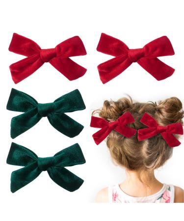 4Pcs Bow Hair Clips for Girls 3.8 Inch Velvet Hair Bows Christmas Hair Clips for Women Toddler Girls(Red Green)