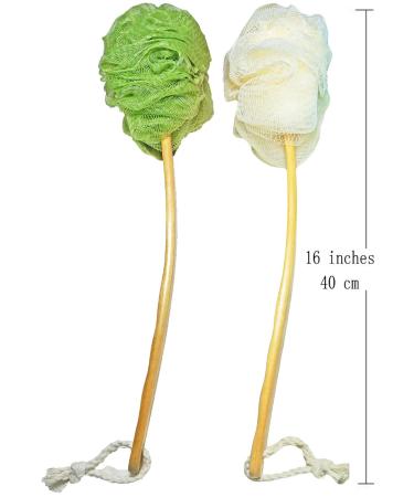 Shower Loofah Body & Back Scrubber - Exfoliating Bath Brush | Long Wooden Handle For Men & Women | 2 Pack - White & Green - Buy Online on SooperMarket.com